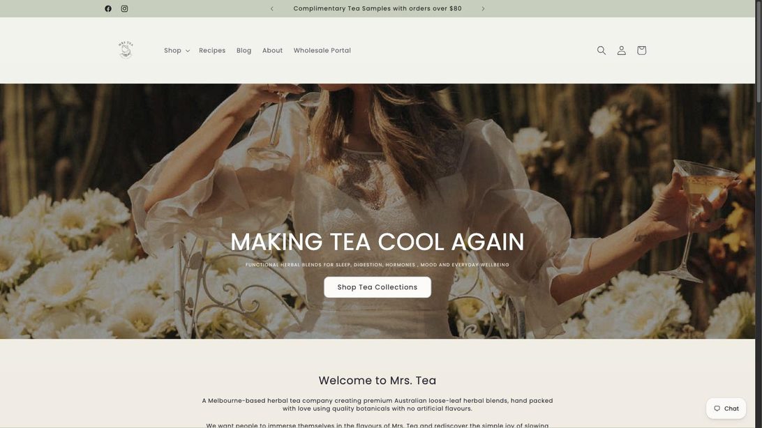 Mrs. Tea storefront — herbal tea brand hero, 'Making tea cool again'