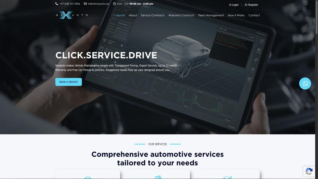 NexAuto platform homepage — vehicle maintenance booking, Dubai UAE